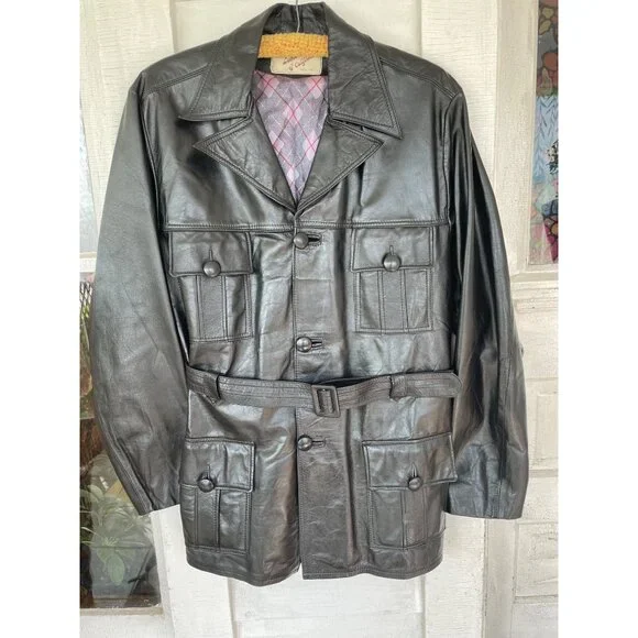 Vintage 1970s Lomeli Of California Leather Jacket Belted Size 42 Mens Black - Picture 1 of 16